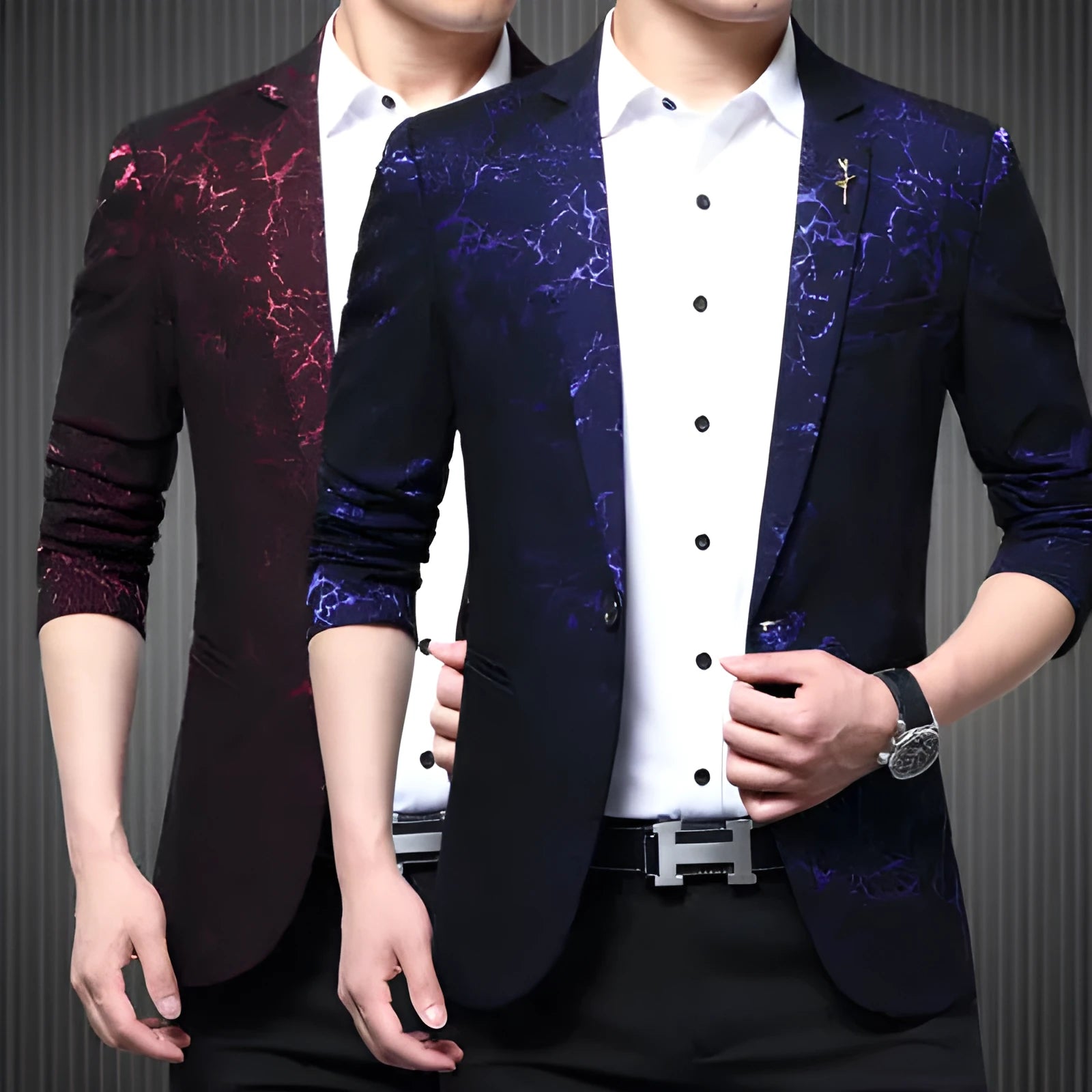 Men's slim casual Korean-style suit in black with suit collar, single-breasted button, and long sleeves on a mannequin