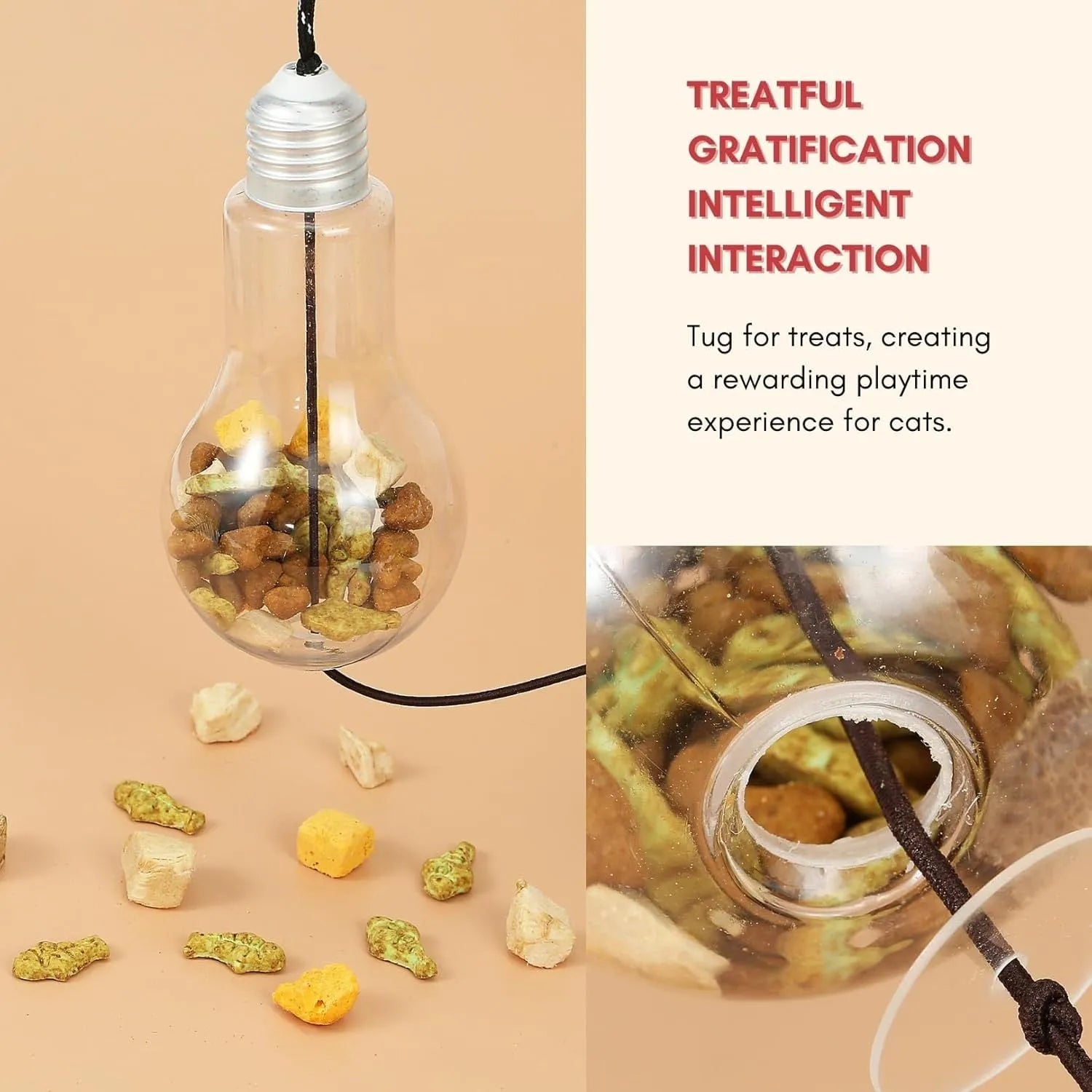 Interactive cat toy hanging from door frame with dangling mouse and chicken toys on elastic rope
