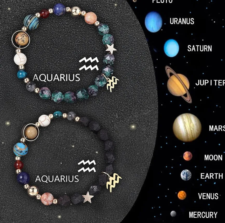 Two natural stone beaded bracelets with zodiac sign charms on a wooden surface.