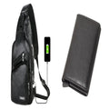 USB charging chest bag in black PU leather with embossed pattern showing front zipper and USB port