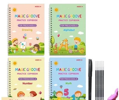 English children's groove magic practice set with double-sided notched post book, pen, and ten pen refills for calligraphy control training