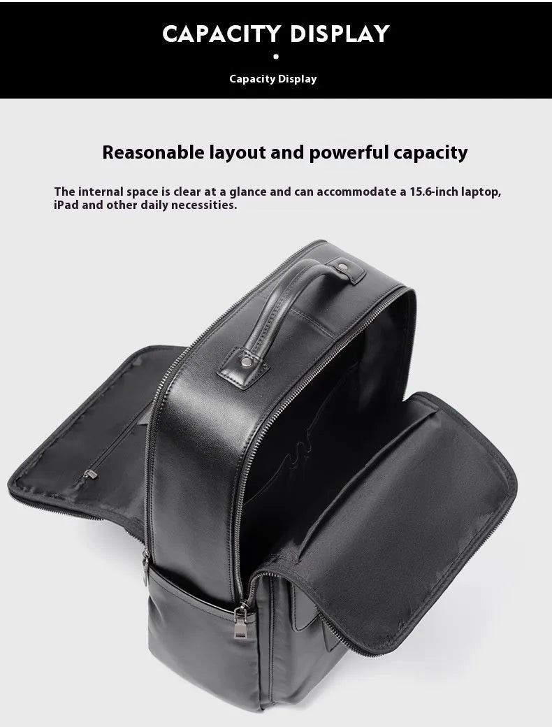 Black genuine leather men's computer backpack with a large main compartment.