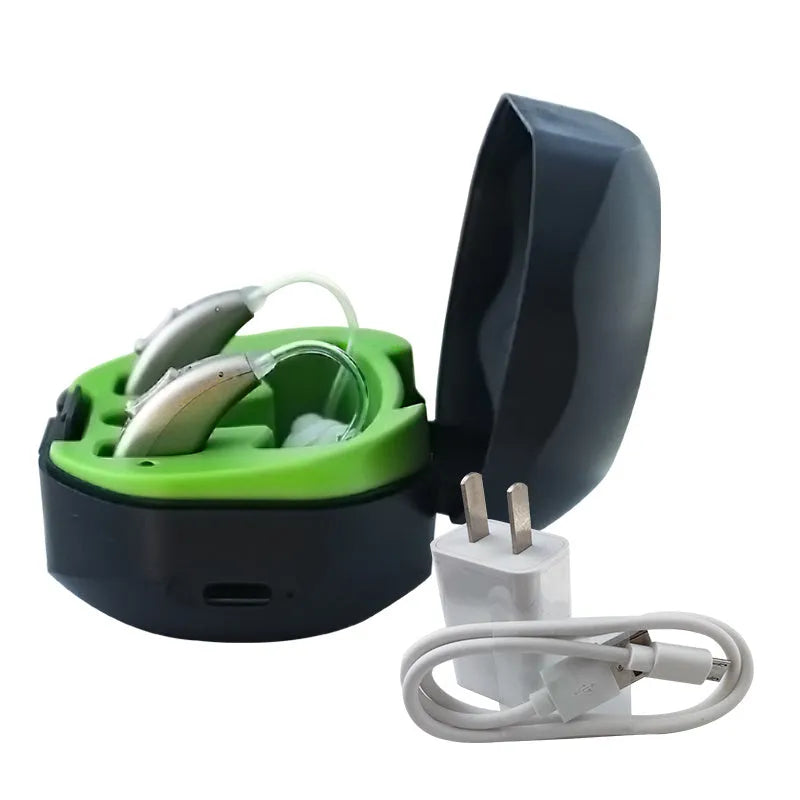 A small, wireless invisible hearing aid and its portable USB charging case.