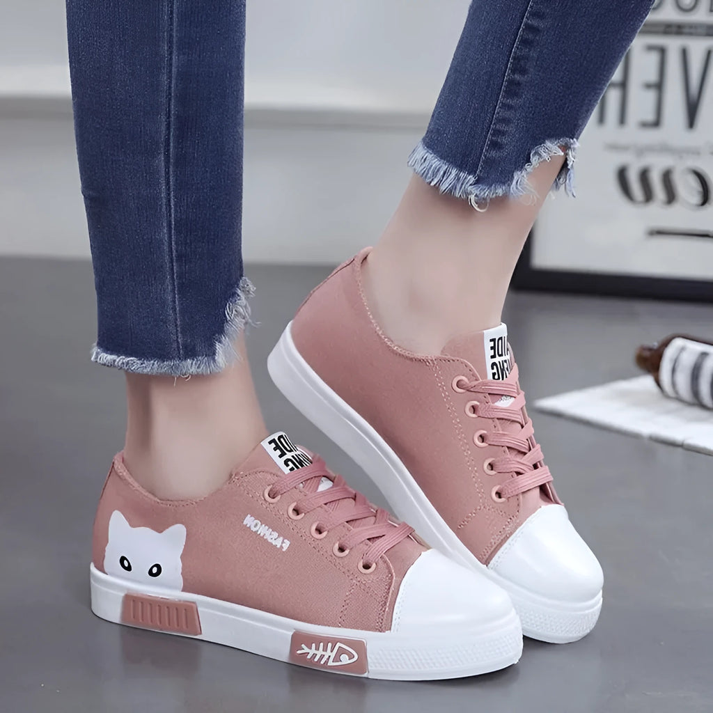 Pink cat fish canvas shoes for women, lace-up flat style with cotton upper