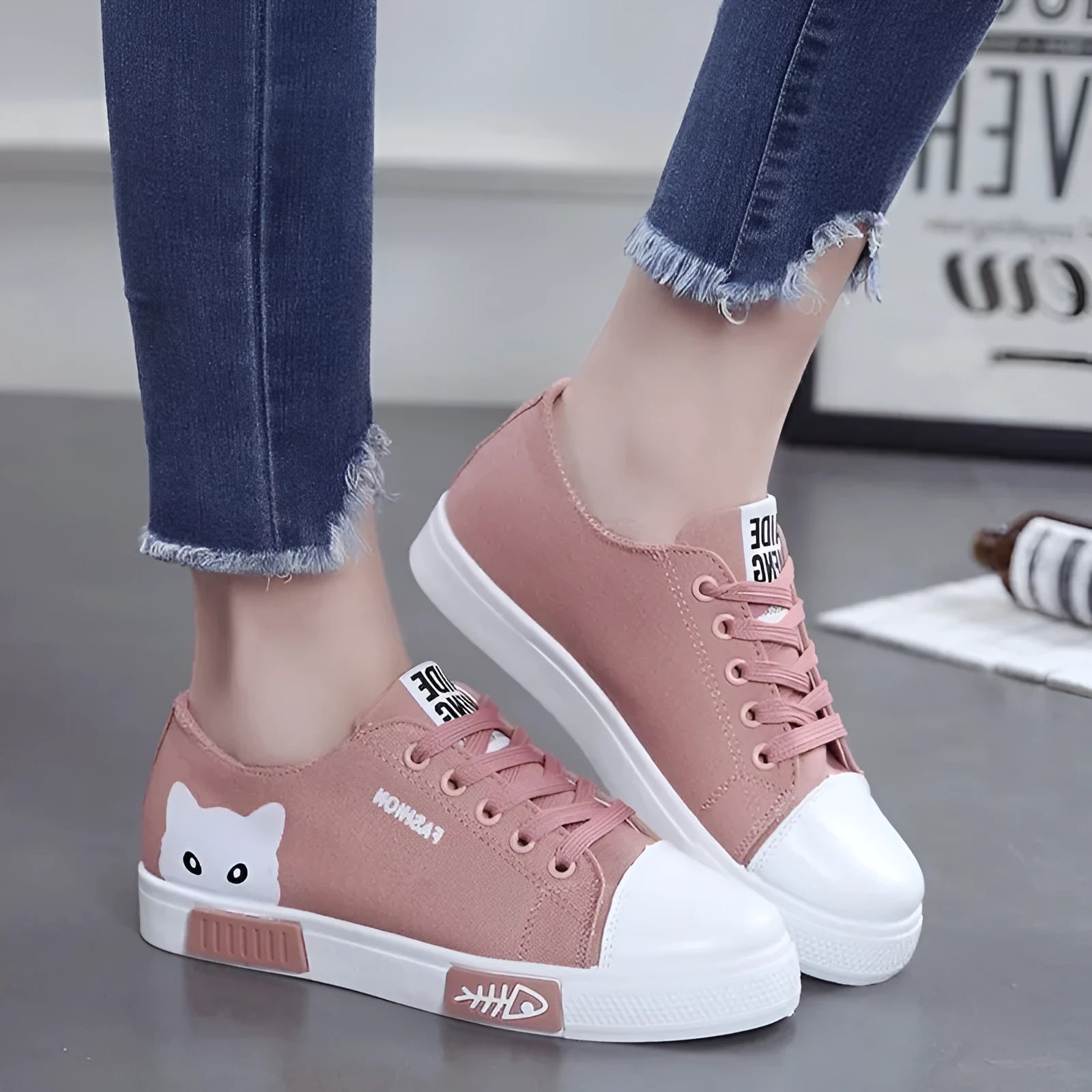 Pink cat fish canvas shoes for women, lace-up flat style with cotton upper