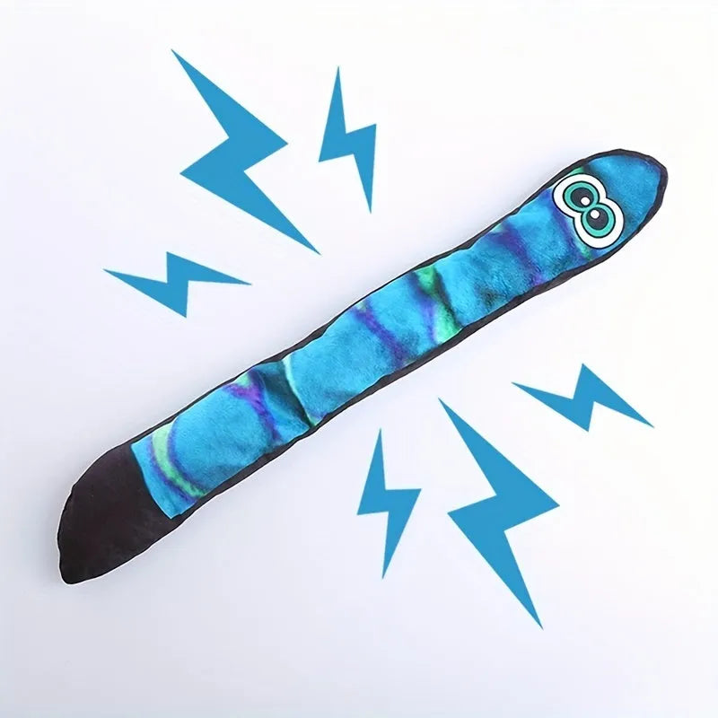 Multicolour snake-shaped plush dog squeaky toy with stripe print pattern