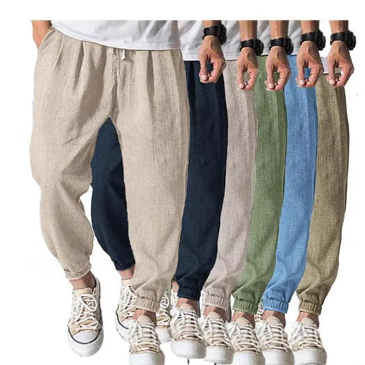 Men's casual cotton trousers in loose ankle-band fit for summer wear
