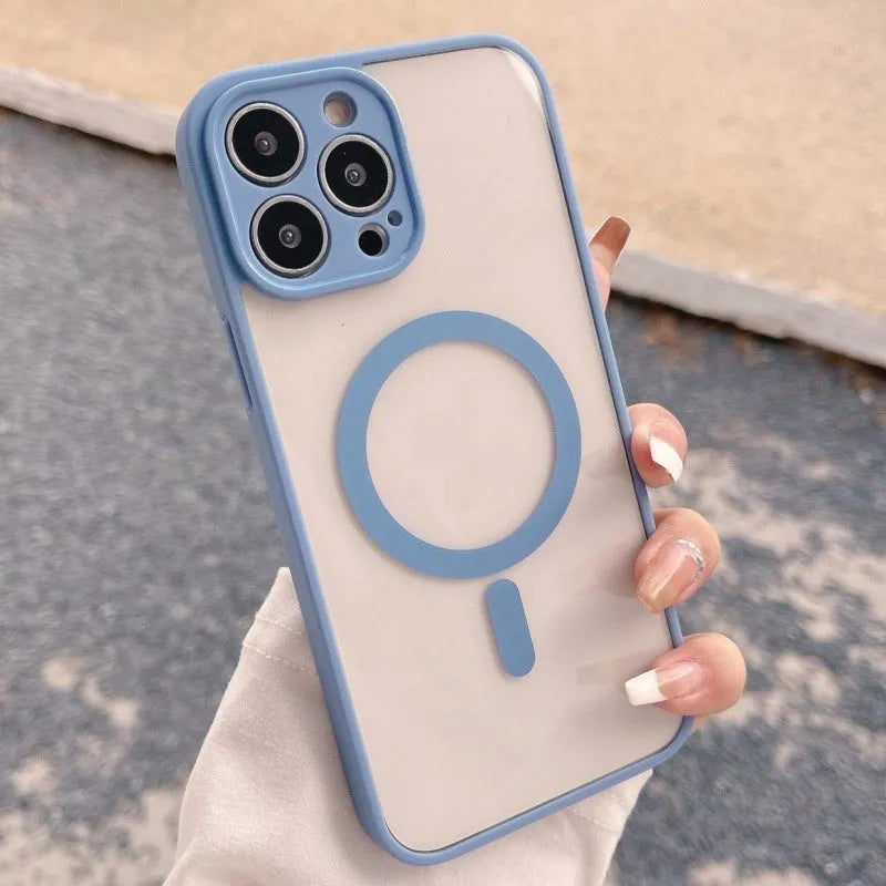 Transparent frosted magnetic phone case for iPhone with hard PC back and soft TPU edges, shockproof and anti-fingerprint
