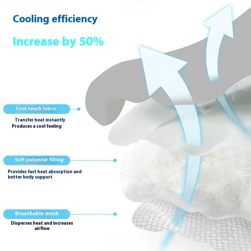 Ice silk dog cooling pad with dog head print, shown in light grey colour on a non-slip base.