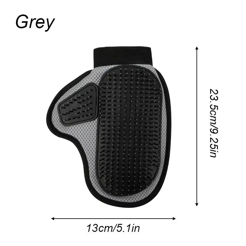 Gray pet grooming glove with silicone massage tips for removing loose cat and dog hair