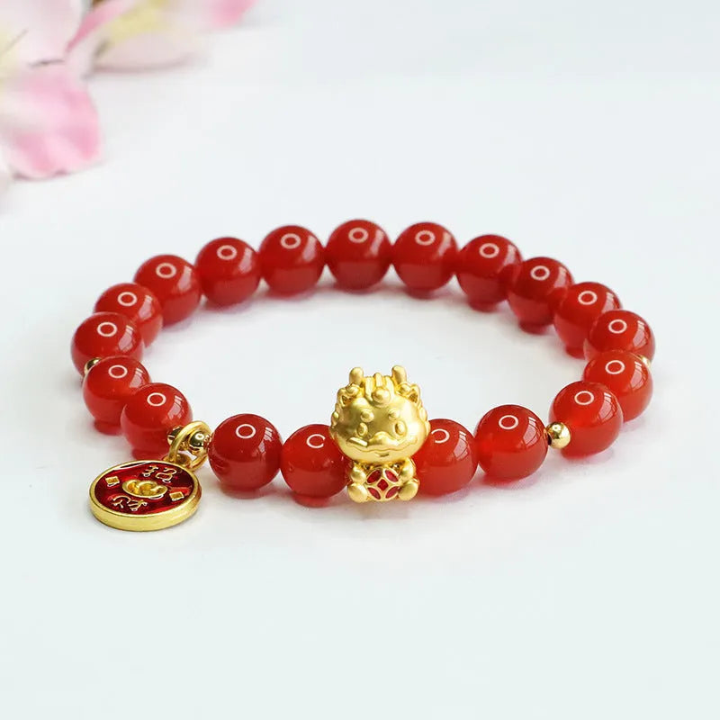 Red agate dragon zodiac bracelet with 8mm beads in Chinese style