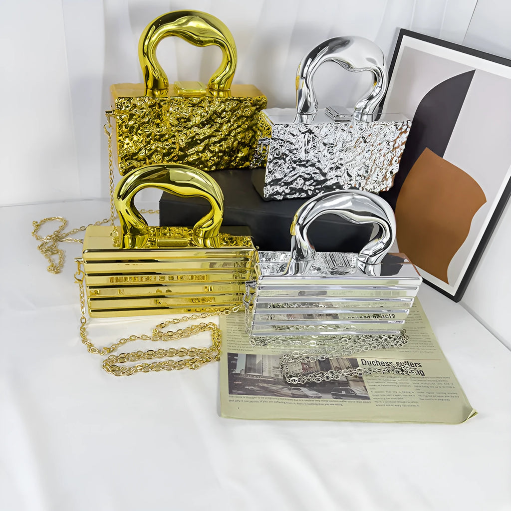Mini acrylic crossbody bag with gold chain, horizontal square shape, retro style, Golden Ripples colour