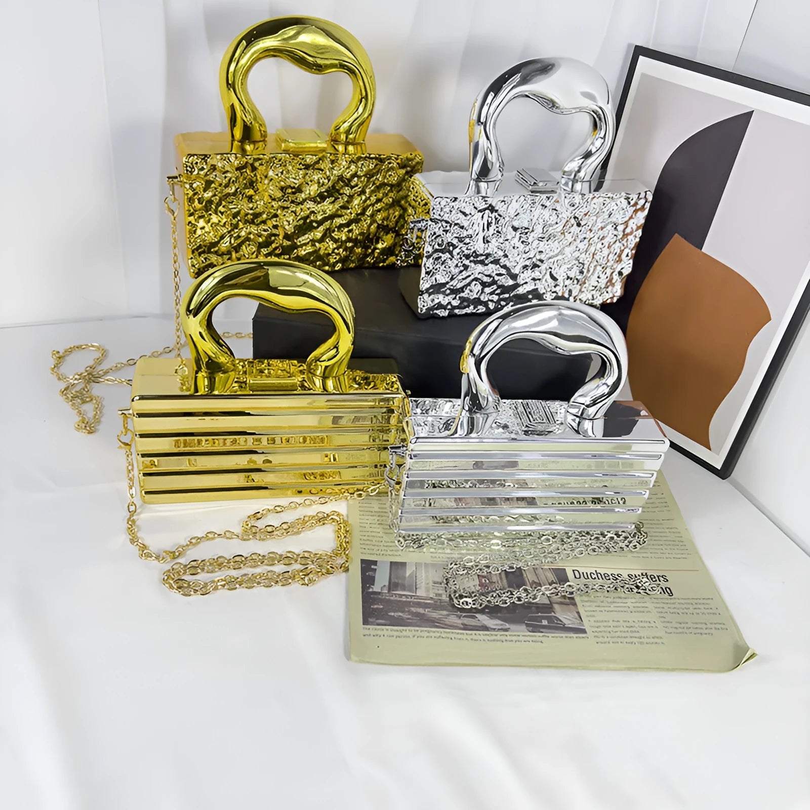 Mini acrylic crossbody bag with gold chain, horizontal square shape, retro style, Golden Ripples colour