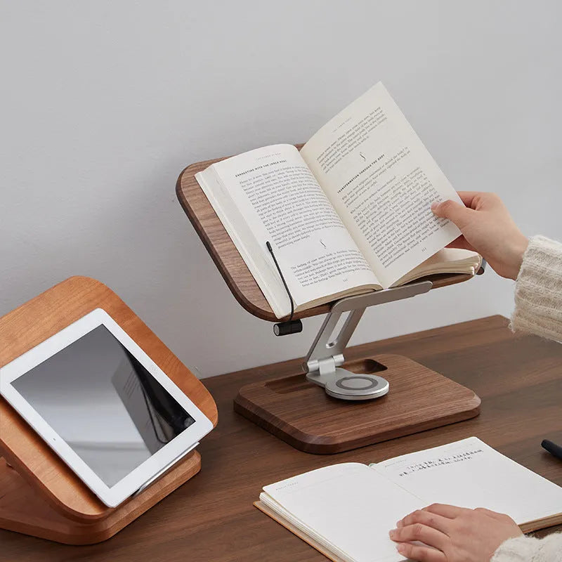 Walnut-coloured solid wood reading rack with an adjustable angle, holding a book.