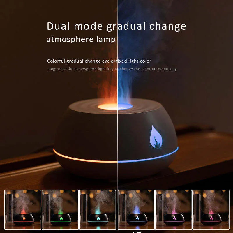 Flame humidifier aromatherapy diffuser with 7 colours light and 130ml USB tank in black