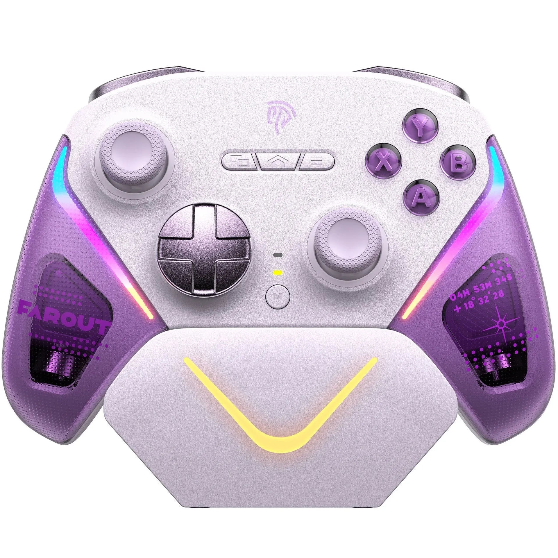 Rocker video game controller with charging dock in black, green, or purple, showing double-cut triggers and Type-C port.