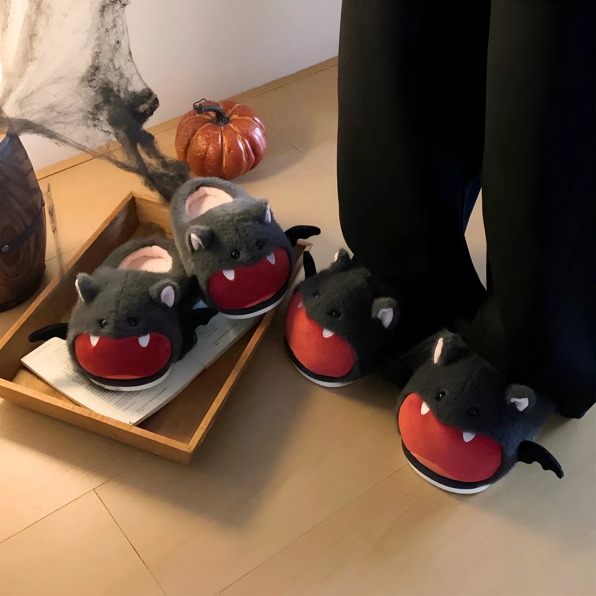 Cute bat Halloween cotton slippers in dark gray with suede upper and velboa lining