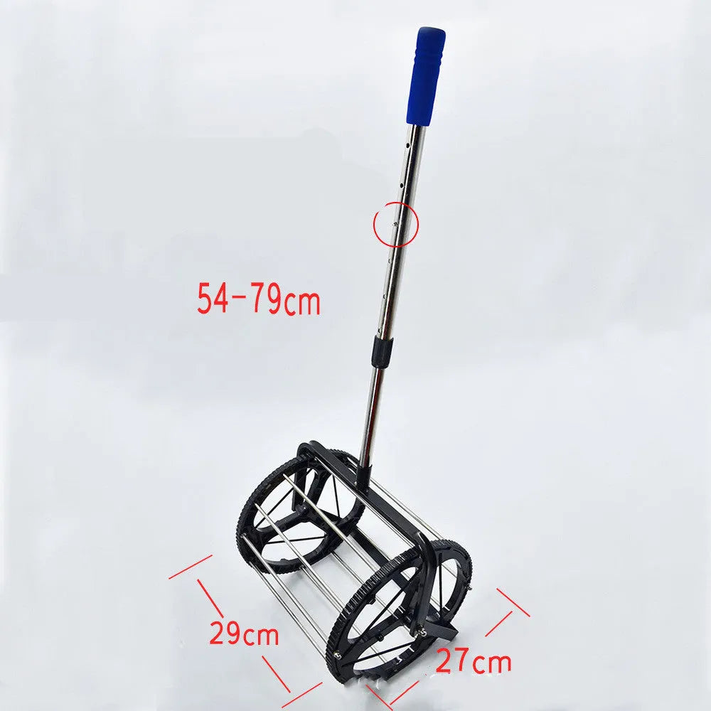 Black tennis ball picker basket made of nylon and metal on a court surface