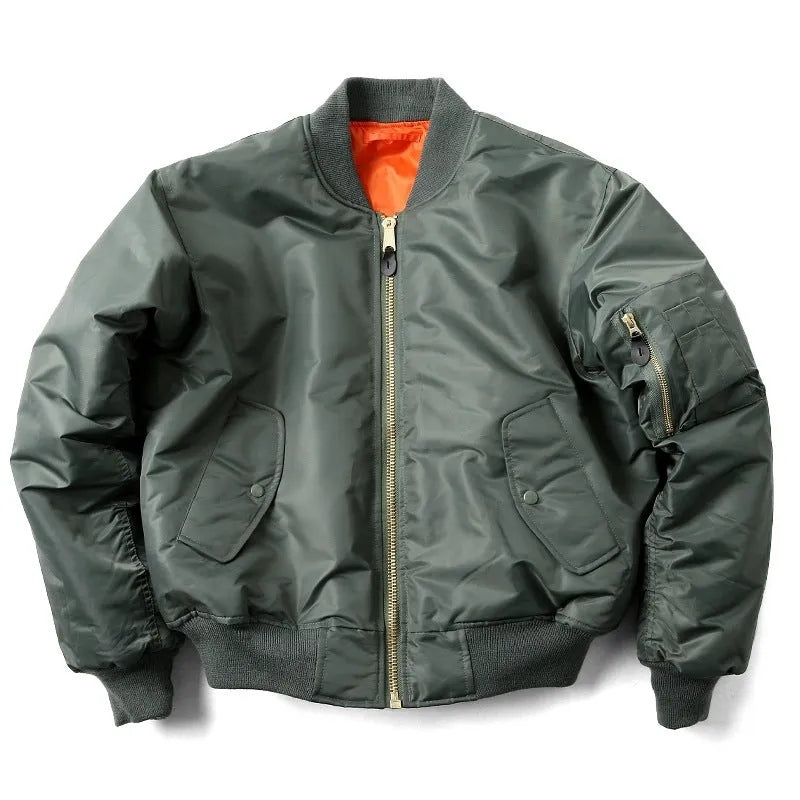 Men's army green loose-fit cotton-padded pilot jacket with double-sided wear-resistant nylon construction.