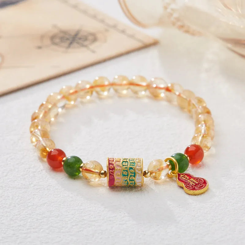 Hand-woven citrine five sutra bracelet with 6mm stones and geometric design