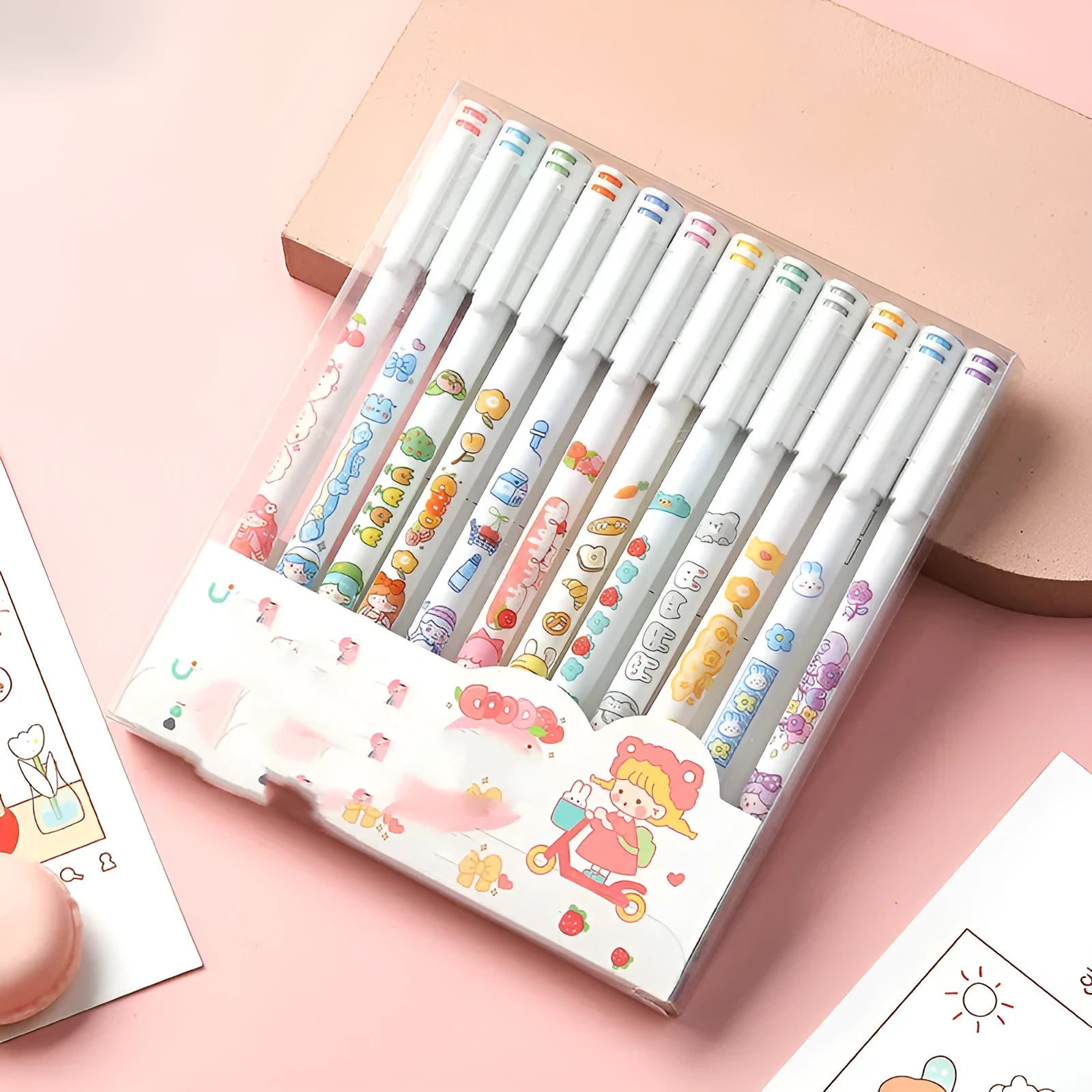 Twelve-color cartoon gel pen set with 0.5mm fine plastic tip in assorted colours.