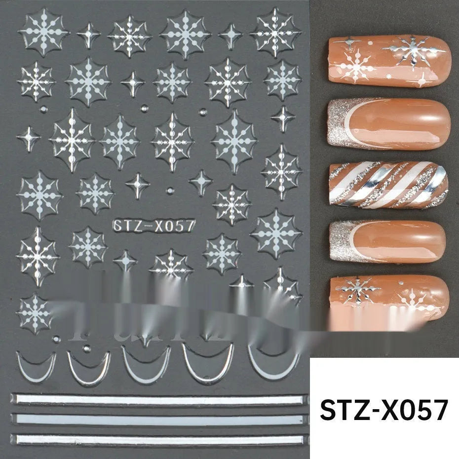 Sheet of black and silver strip nail art stickers with cartoon and love heart designs