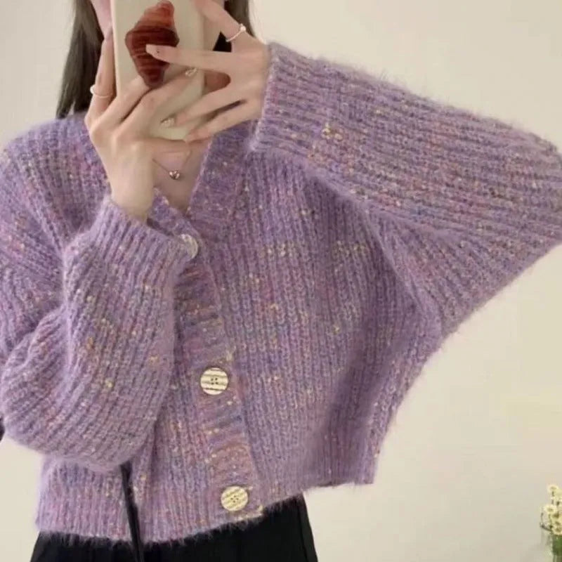 Vintage coloured dot short loose knitted cardigan sweater in purple black beige polyester long sleeve free size