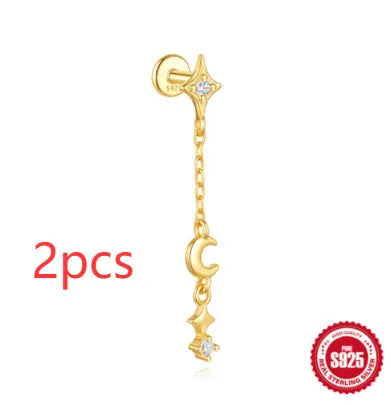 S925 sterling silver geometric moon and star earrings with diamond accents in gold-plated finish