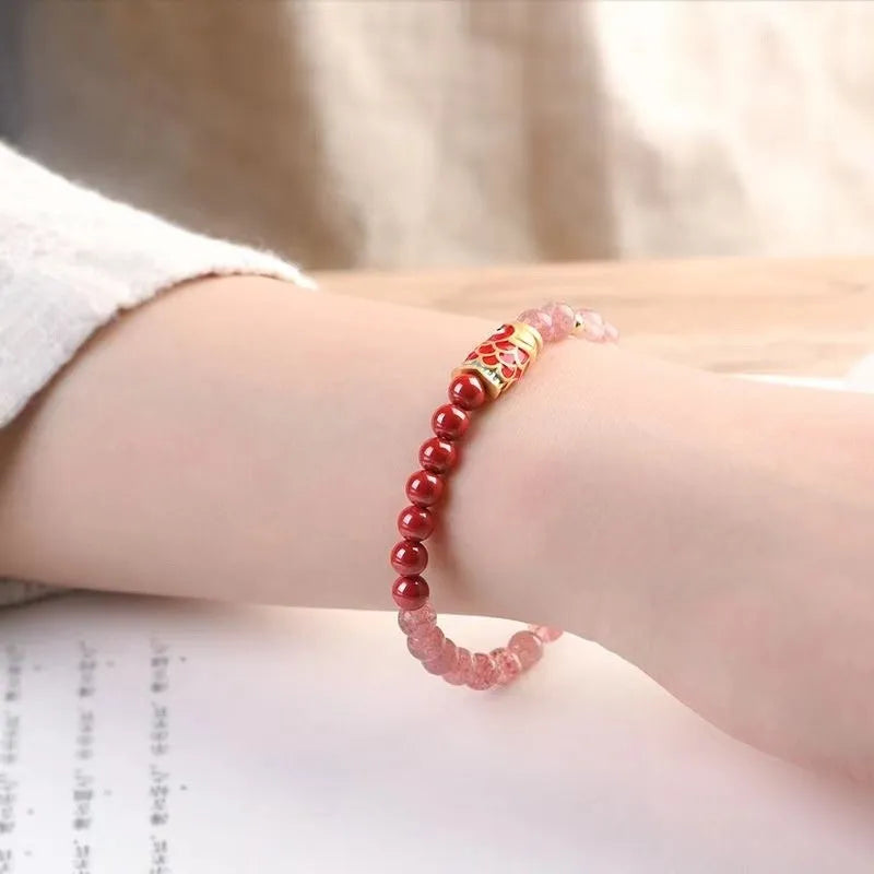 Purple cinnabar and strawberry quartz bracelet with koi and peach blossom Chinese lucky symbols