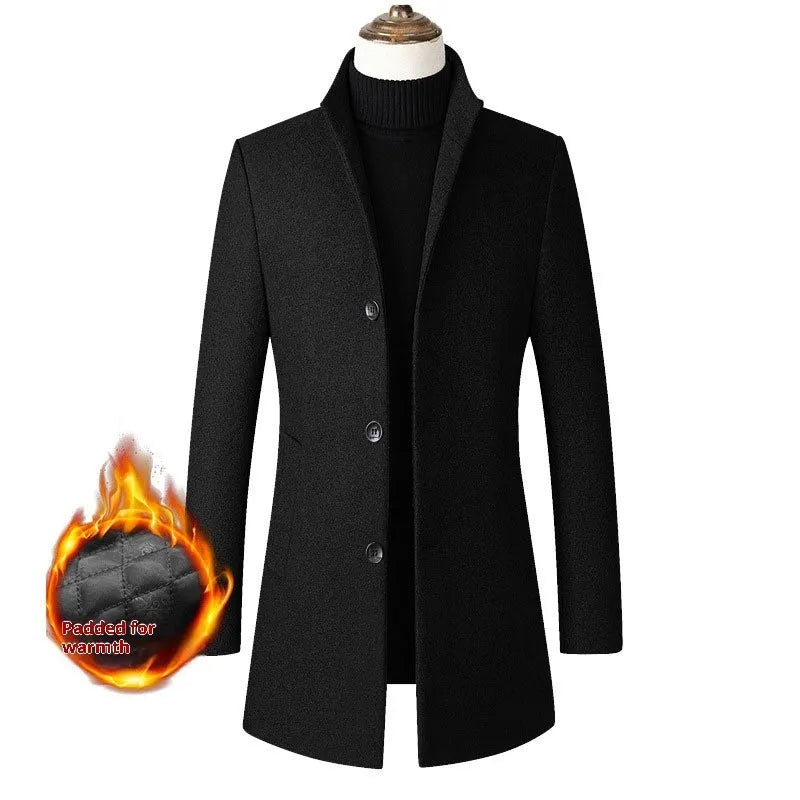 Men's single-breasted stand collar wool winter coat in solid colour front view