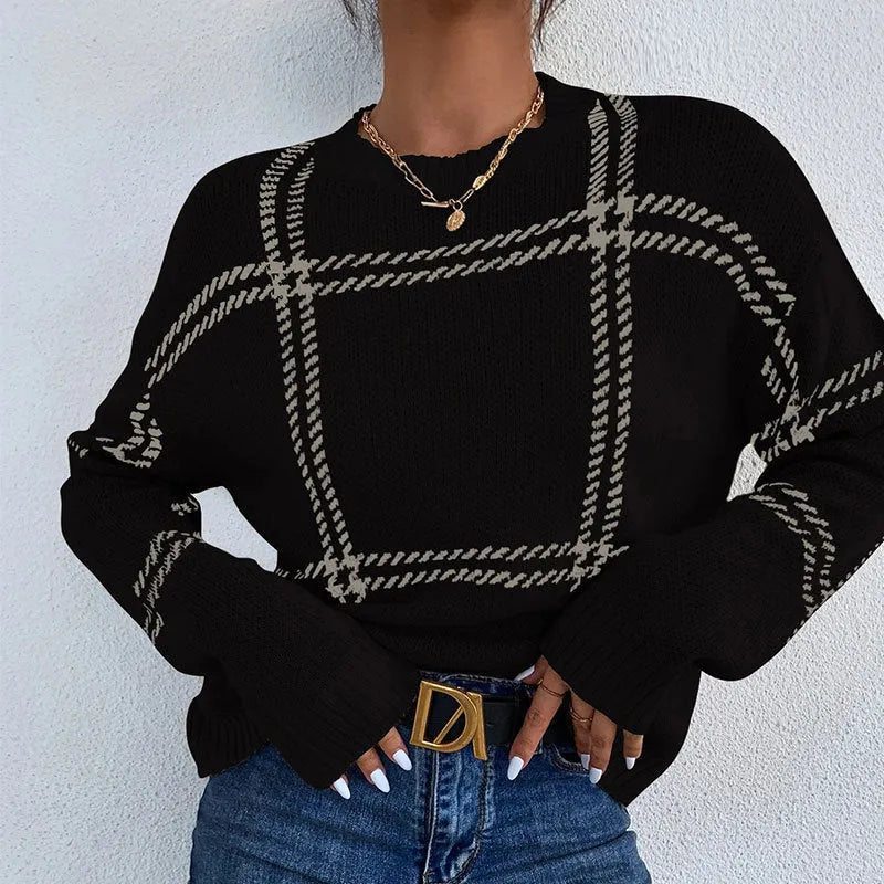 Women's plaid colour-block crew neck acrylic sweater in loose fit style
