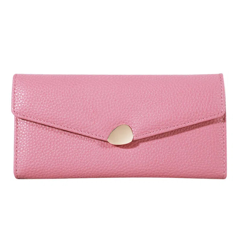 Women's lychee-pattern PU leather clutch wallet in solid colour with patchwork detail