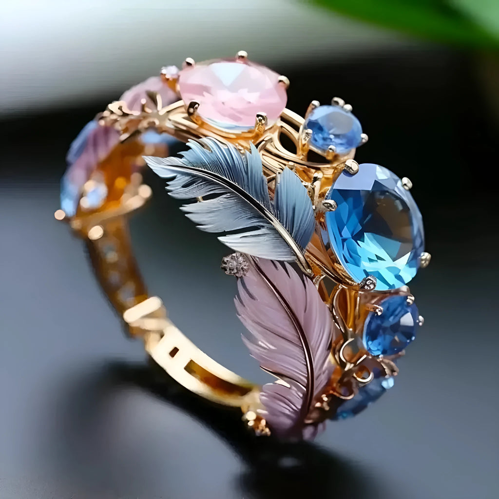 Brass feather ring with embossed design and zircon stones in geometric gold colour
