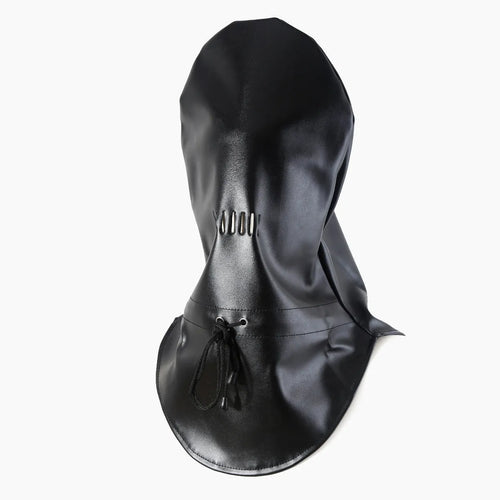 Black PU leather breathable training mask with facial openings and headgear-style adjustable straps
