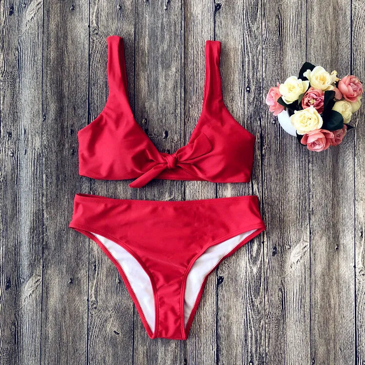 Women's solid colour bikini set showing bra top and matching panties in polyester fabric