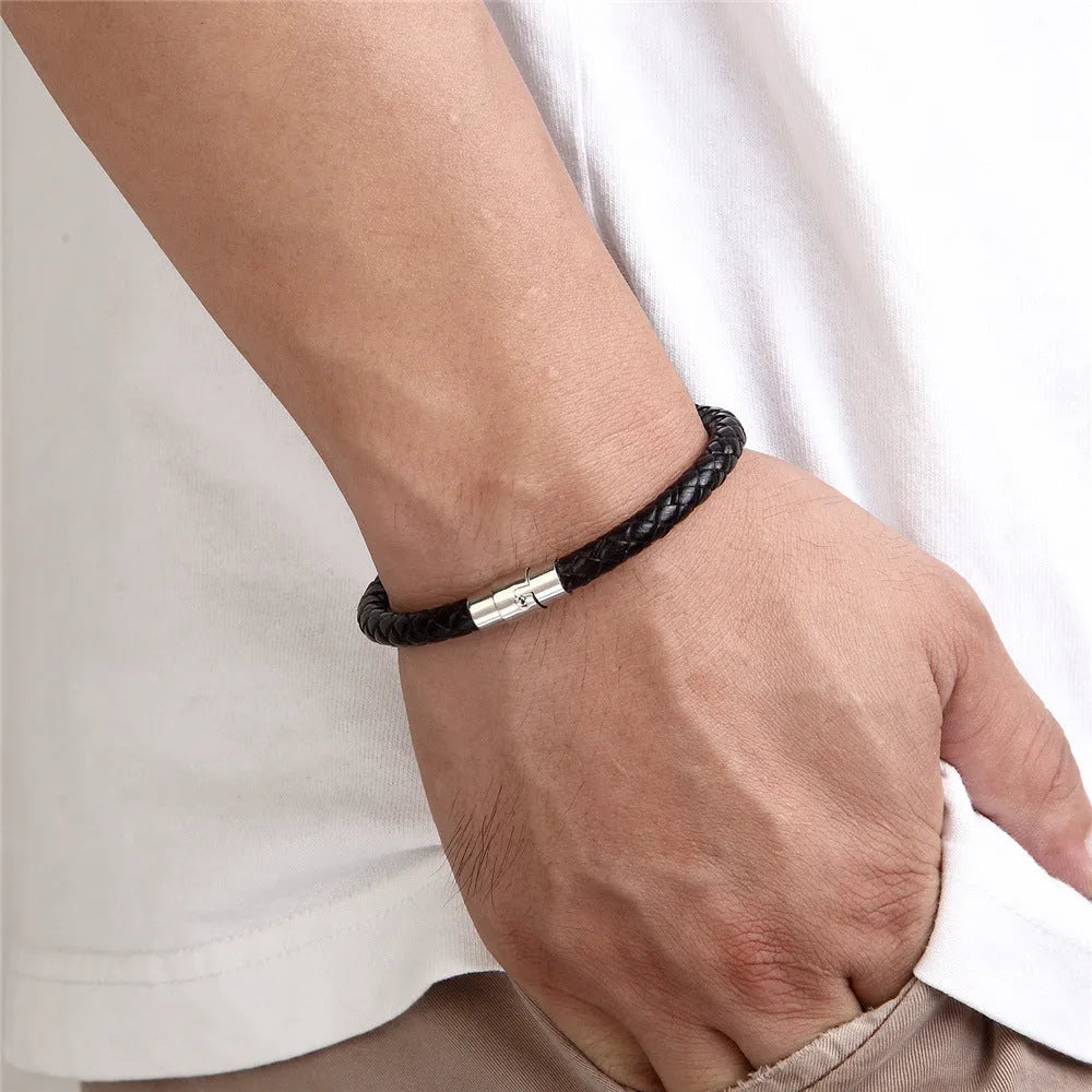 Men's titanium steel geometric wire bracelet with a magnetic clasp, shown in a silver finish.