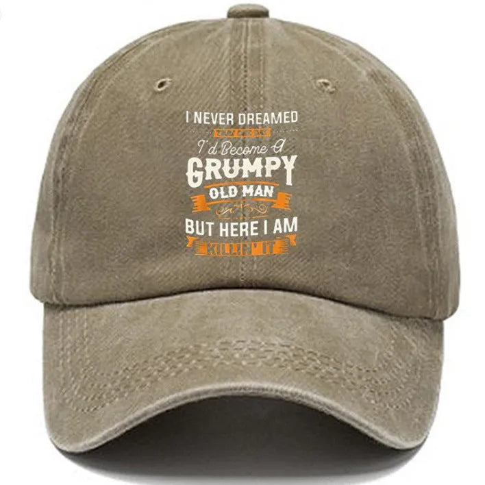 Washed print denim baseball cap with dome crown in retro style, available in multiple colours