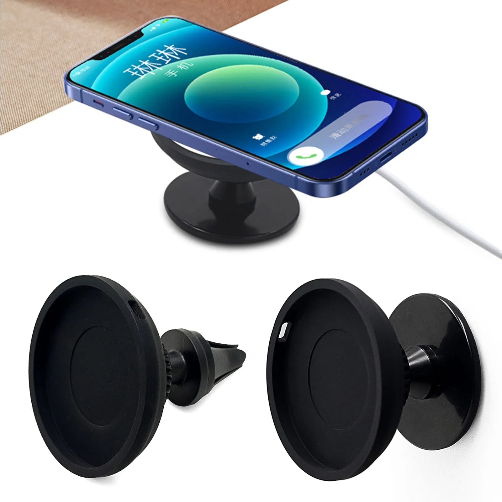 Black magnetic car phone holder mounted on vehicle air vent with smartphone attached