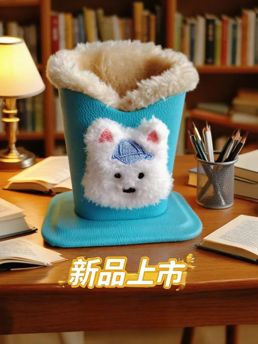 Nordic style fluffy cartoon desktop glasses storage bucket in leather with animal design, 11.6x8.1x12cm