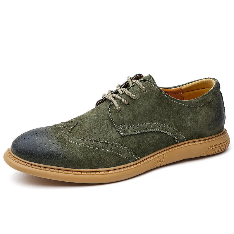 Men's black leather low-top lace-up business shoes with a rubber sole on a plain background.