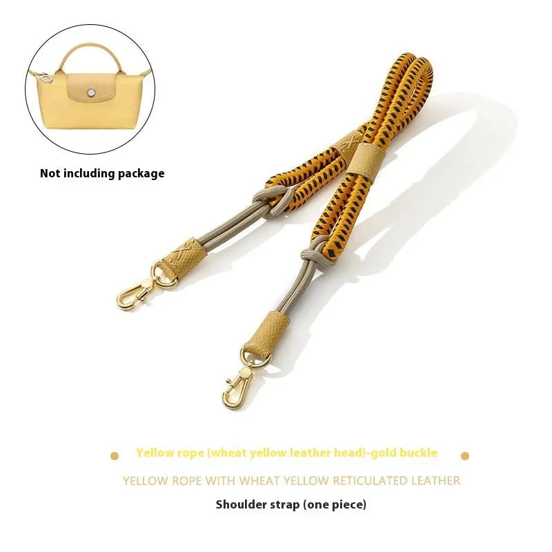 Braided nylon and cowhide leather crossbody strap with alloy buckle in gold or silver finish