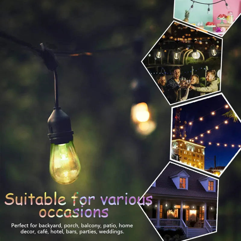 15m RGBW LED string lights with 15 Edison bulbs for outdoor garden patio use