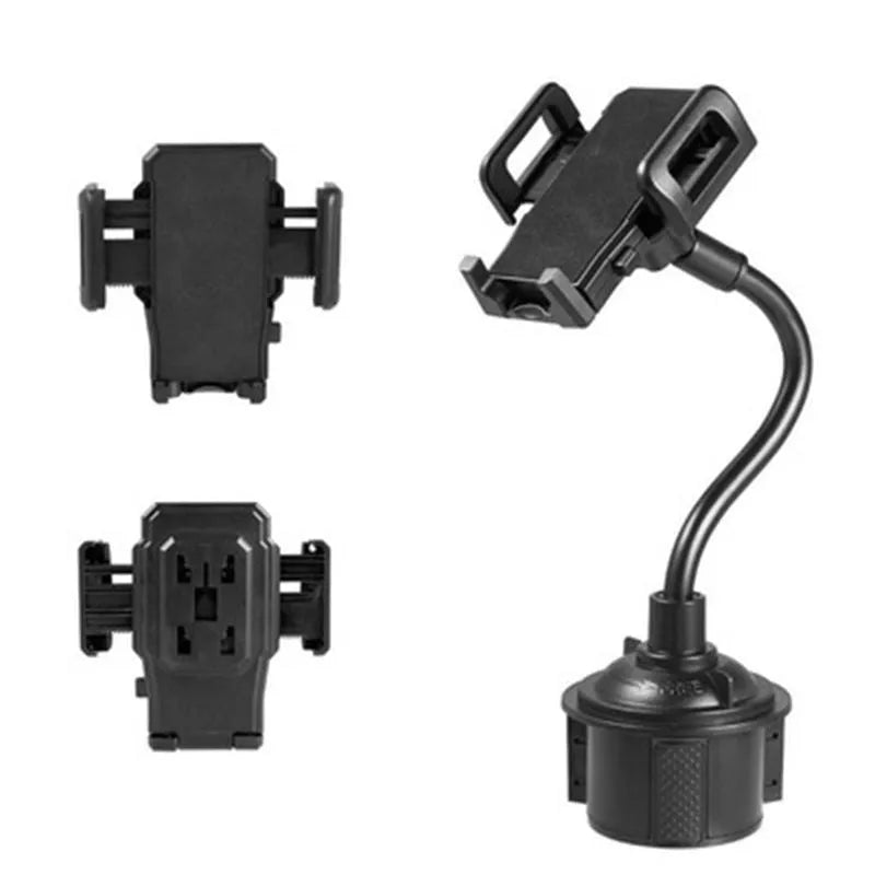 Black universal car phone mount bracket with suction cup and adjustable side handles on windshield