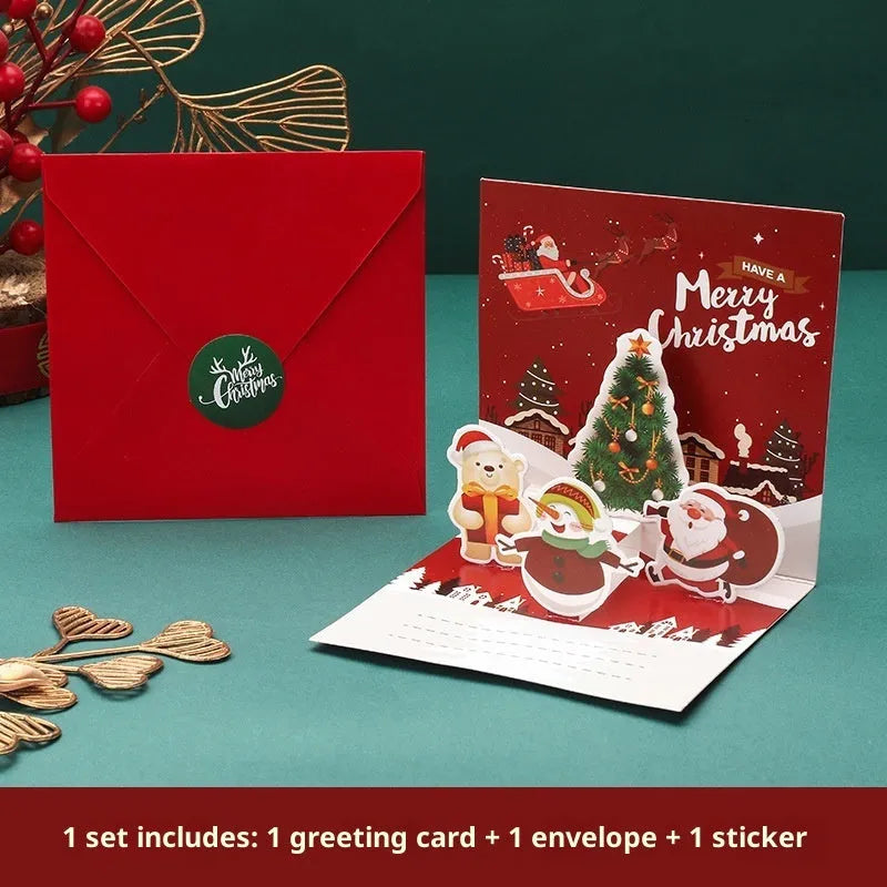 Three-dimensional blessing greeting card in fresh style, handmade from cardboard, with fold design on a flat surface