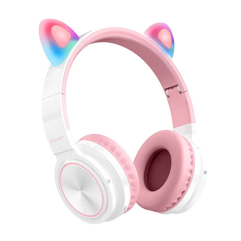 Pink white Bluetooth wireless headset with head-mounted design and 40mm speakers