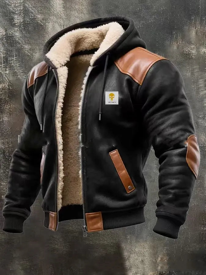 Men's winter fleece-lined thick hooded jacket in black polyester with mid-length hem and attached hood