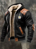 Men's winter fleece-lined thick hooded jacket in black polyester with mid-length hem and attached hood