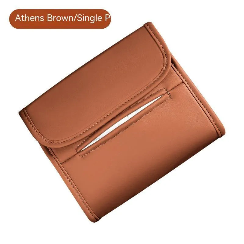 Leather car tissue box holder with elastic band button mounting on car sun visor