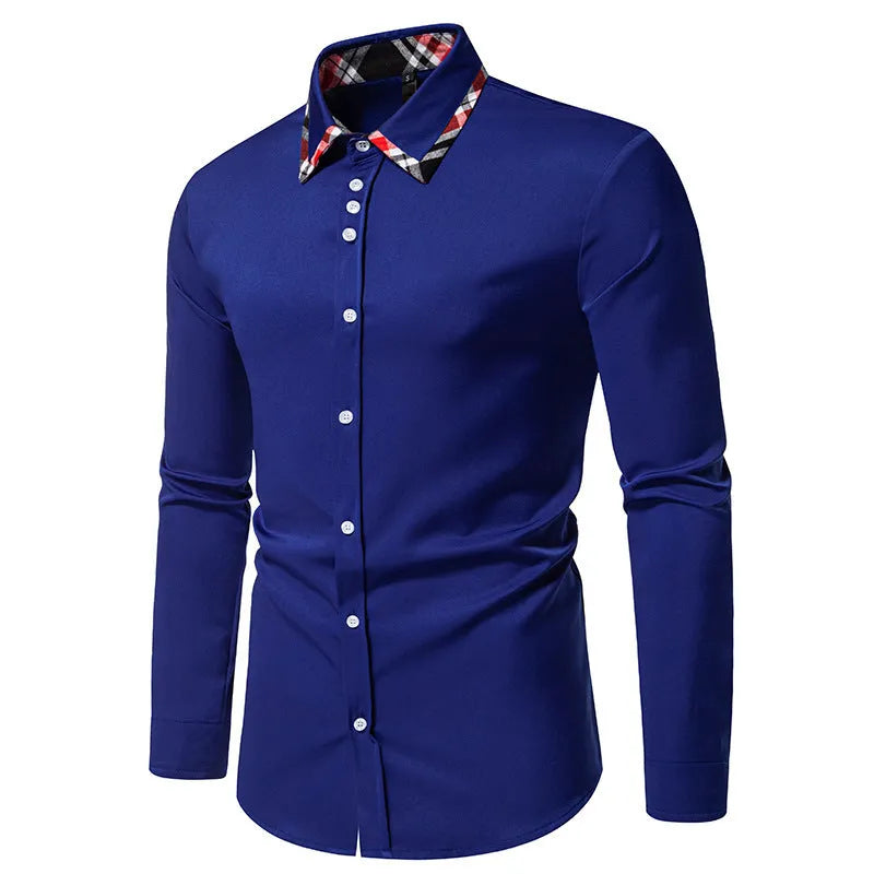 Men's triangle collar shirt with plaid contrast panels in polyester fibre
