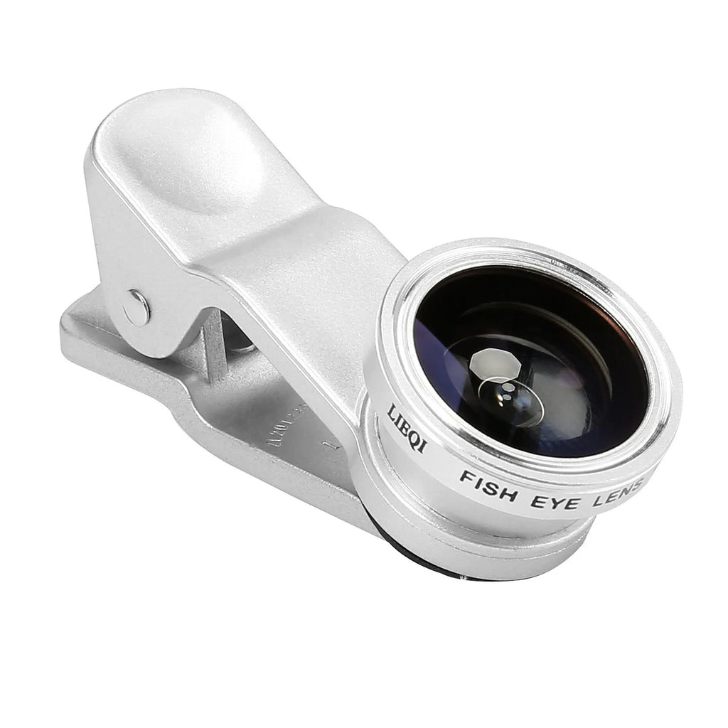 Smartphone camera lens clip kit showing four detachable lenses: wide angle, macro, fisheye and telephoto.